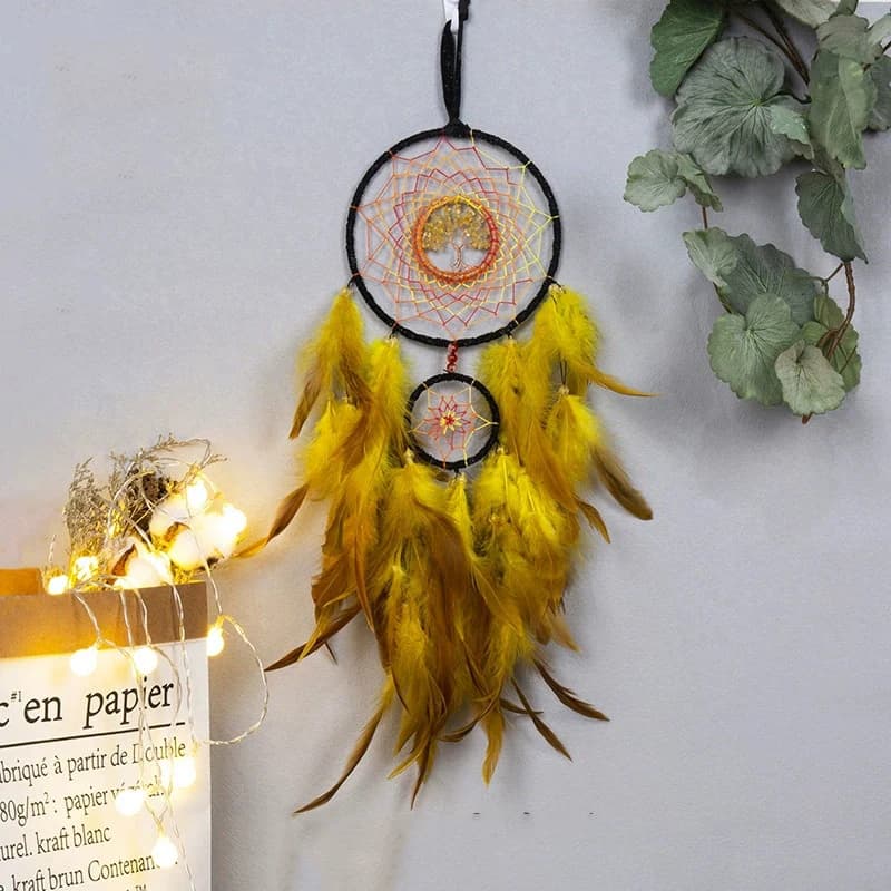 Yellow Feathers Crystal Tree of Life Dream Catcher Wall Hangings Room Pendants Home Decorations Hand Woven Wind Chimes Gifts