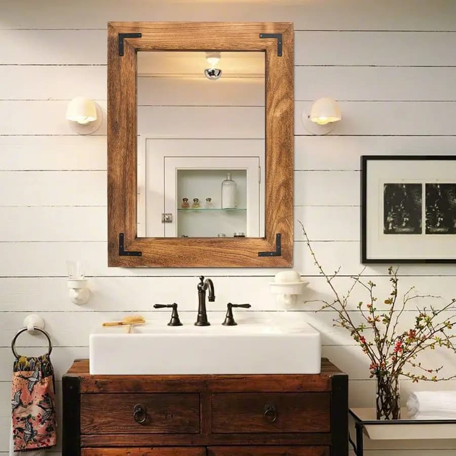 Specchio da parete rustico con cornice in legno, specchio cosmetico da bagno in legno naturale per decorazioni in fattoria, sospensione verticale o orizzontale, 32 x