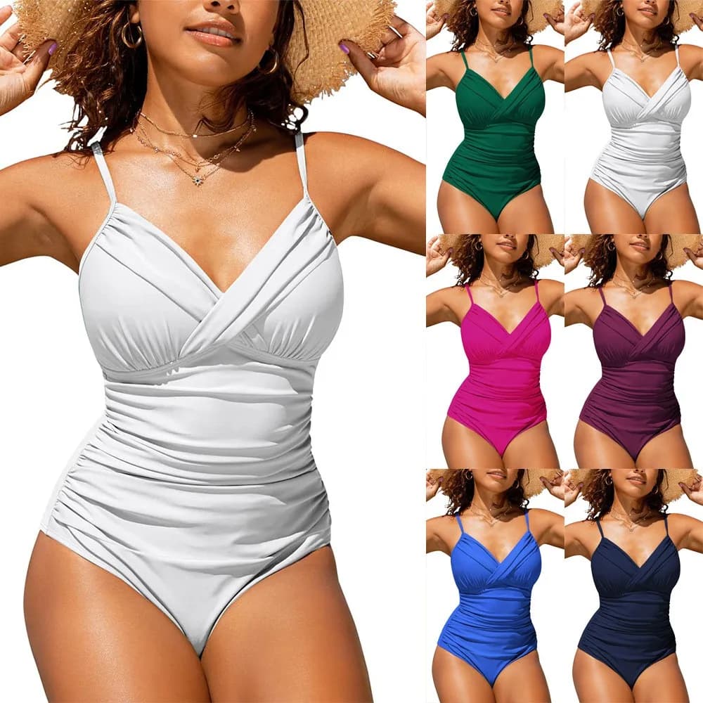 Costume da bagno da donna bikini tankini verde smeraldo con scollo a V, vita arricciata e schiena incrociata, effetto contenitivo