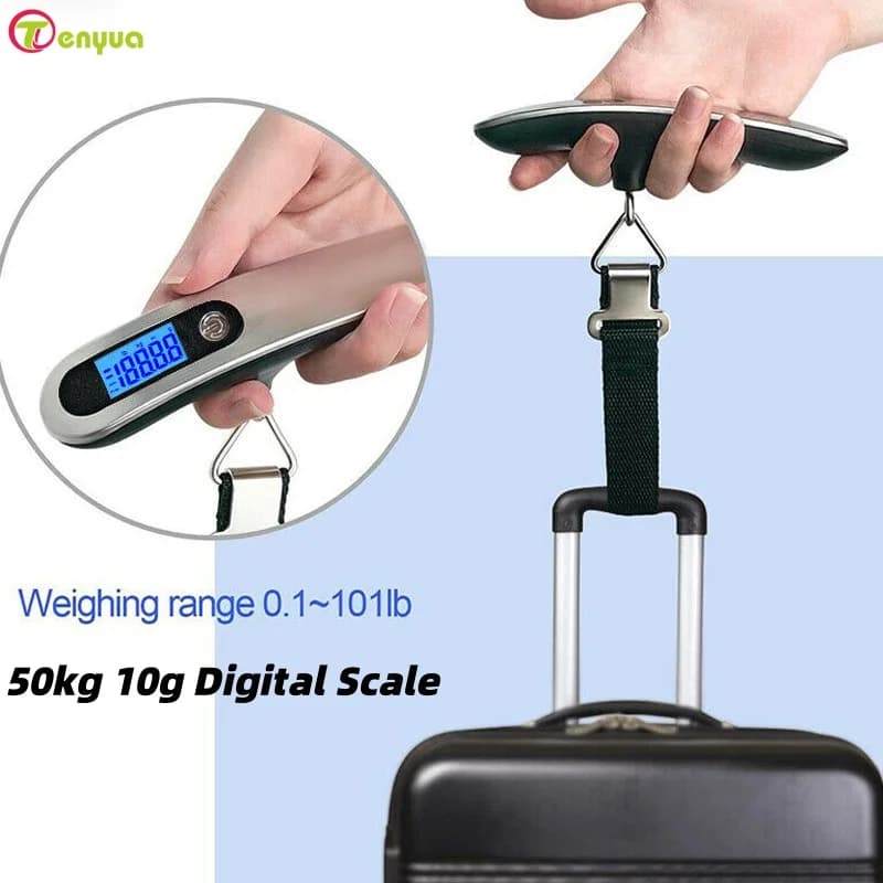 Bilancia digitale portatile da 50 kg 10 g Bilancia elettronica per valigie Bilancia da viaggio Bilancia da viaggio sospesa a mano con cintura