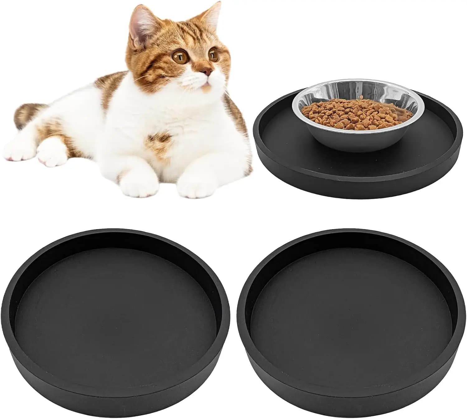 Tappetino per alimentazione per gatti da 2 pezzi Tappetino per alimenti in silicone per animali domestici Tappetini per alimentazione per cani neri per cibo e acqua Tappetini per alimentazione impermeabili antiscivolo rotondi