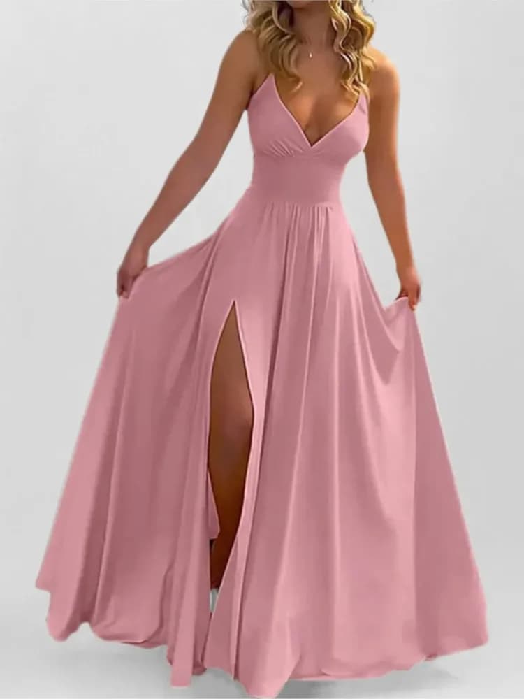 Abito lungo da donna alla moda con scollo a V, senza schienale, senza maniche, con spalline sottili, vita alta, per feste, appuntamenti e shopping