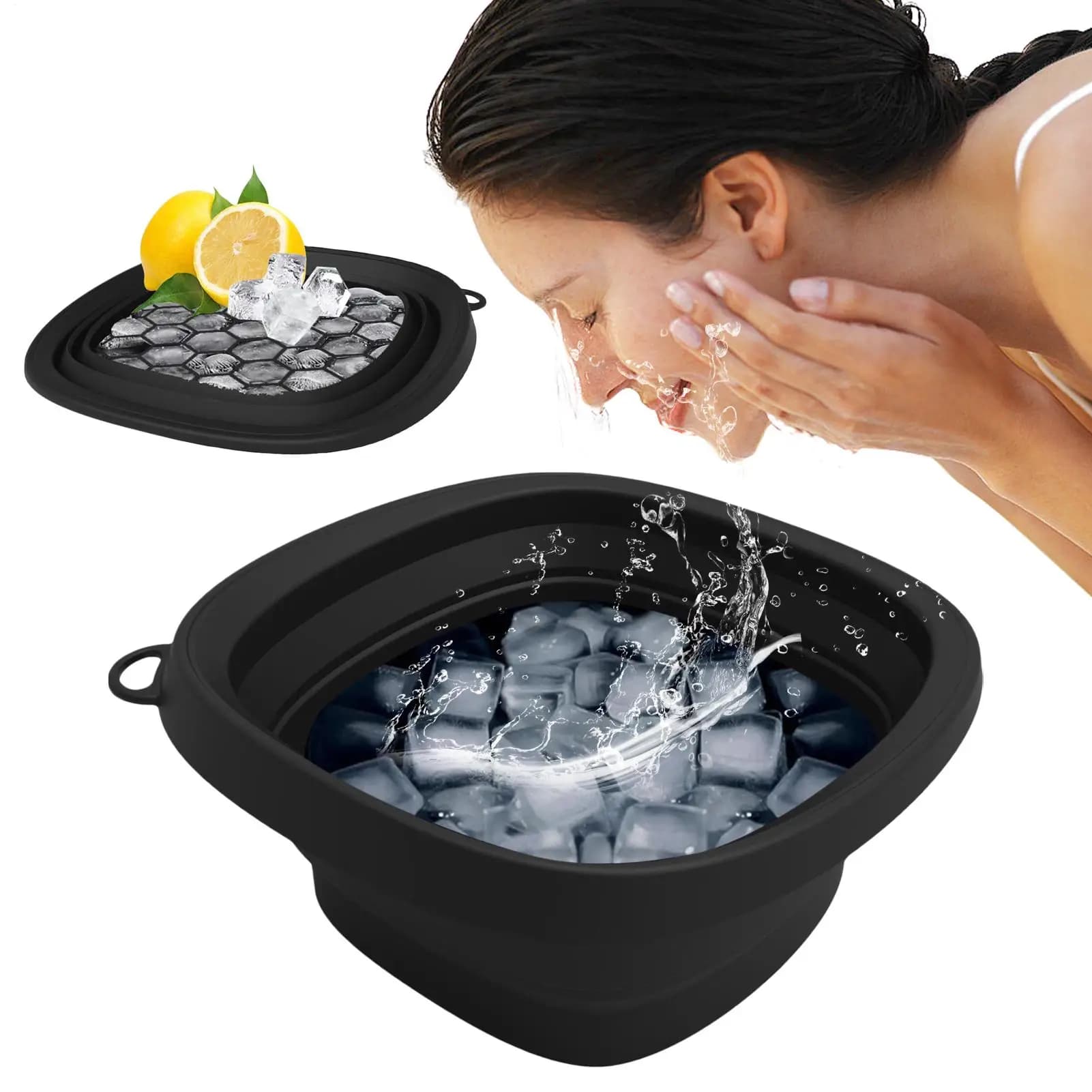 Ciotola per bagno di ghiaccio facciale con vassoio integrato, pieghevole, in silicone, per terapia del ghiaccio e lavaggio del viso, strumento spa riutilizzabile per immersione a freddo.