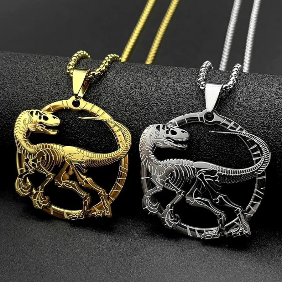 Velociraptor Dinosaur Skeleton Pendant Necklace For Women Men Stainless Steel Gold Color Animal Hip Hop Male Box Chain Jewelry