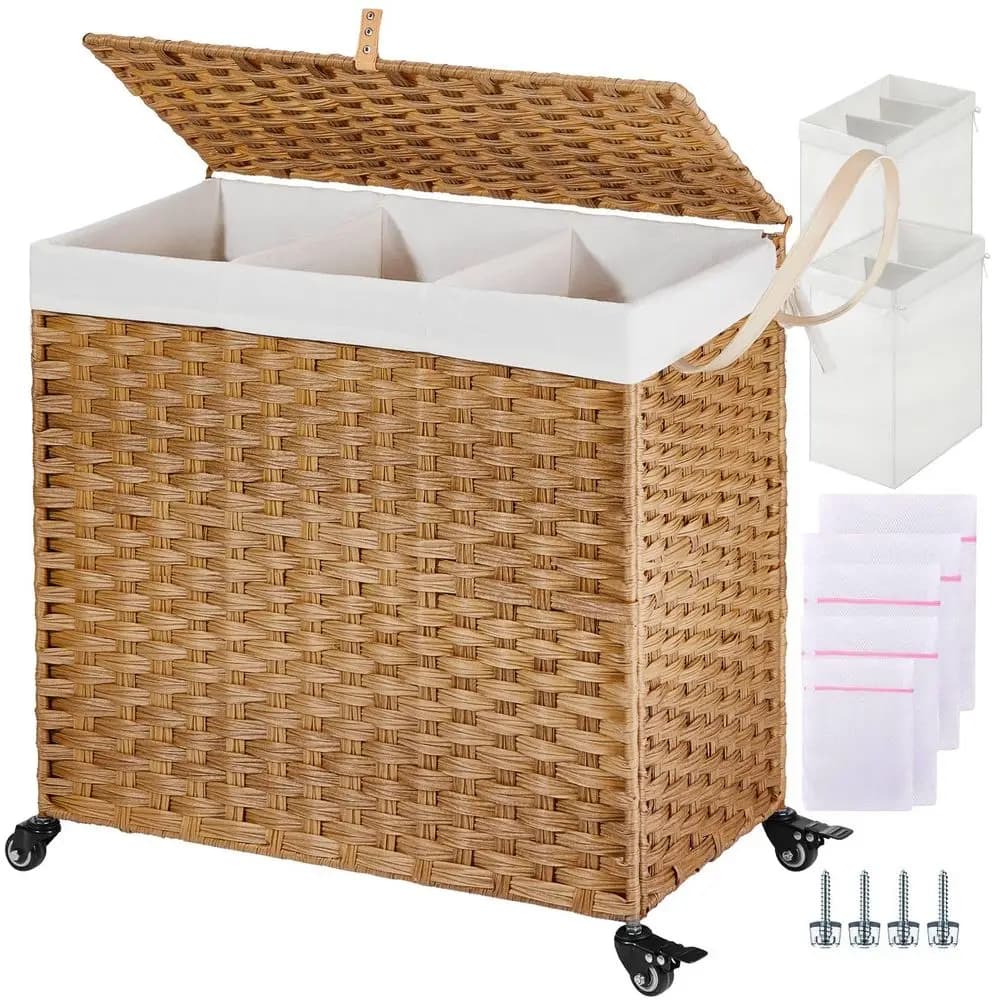 Cesto Portabiancheria con Ruote e Coperchio, 130L Grande, 3 Scomparti, con 2 Tipi di Sacchi Rimovibili, 5 Sacchi in Rete per Bucato
