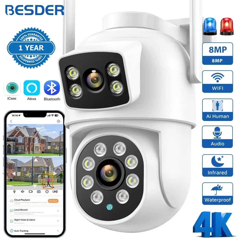 BESDER 4K 8MP Wifi Camera PTZ Outdoor Dual screen rilevamento umano Dual lens 4MP protezione di sicurezza telecamera IP Audio iCSee App