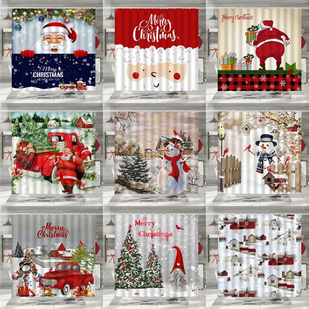 Christmas Shower Curtain, Winter Snowman Father Christmas Farmhouse Truck Snowflake Christmas Tree Red Bird Bathroom Decoratio