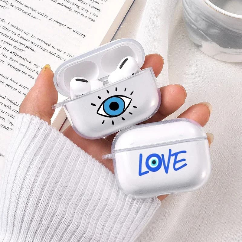 Nice headset case with Lucky Blue Evil Eye print for Airpods 1 2nd 4th Pro 2 3 Bluetooth Wireless Bluetooth Wireless Silicone Soft Cases Transparent