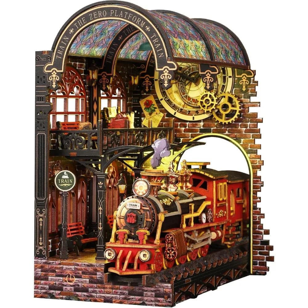 Kit angolo libro treno a vapore in miniatura fai-da-te: fermalibri puzzle in legno 3D con luce LED e decorazione per libreria