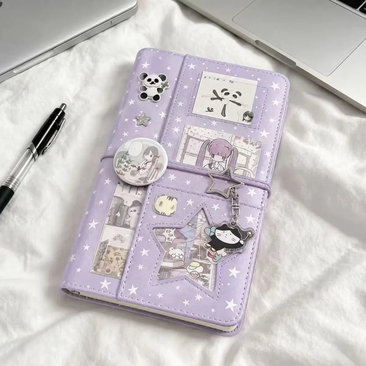 A6 Purple Star Loose Leaf Notebook with Strap Closure Journal Planner Heart Portable Notepad for School Stationery
