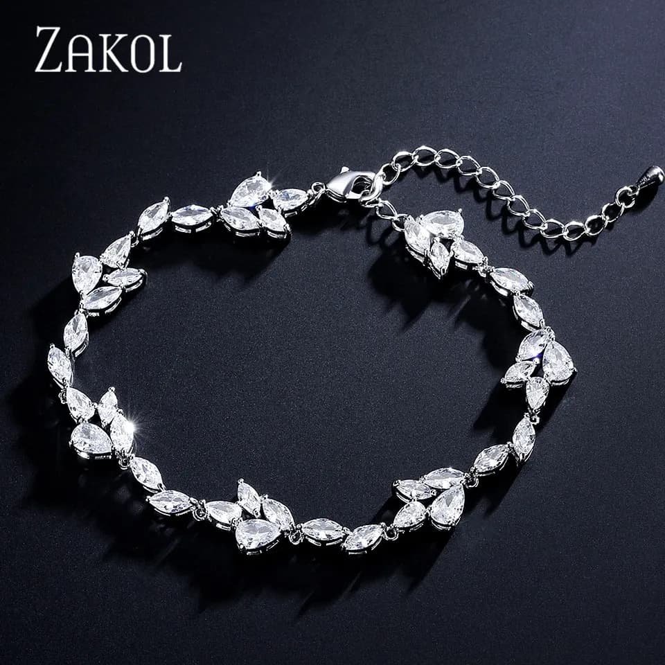 ZAKOL Braccialetti di lusso con ciondoli a goccia d'acqua in zirconia cubica, colore argento, a forma di foglia, gioielli per feste di matrimonio, bijoux per donna