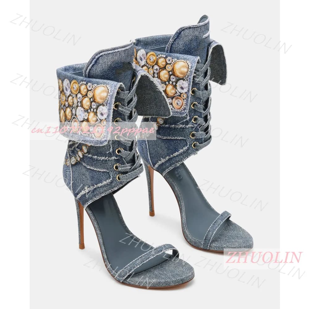 Women Blue Denim Rhinestone Sandals Lace Up Ankle Cuff Stiletto High Heels Open Toe Party Shoes Fashion Footwear EU Sizes Trendy