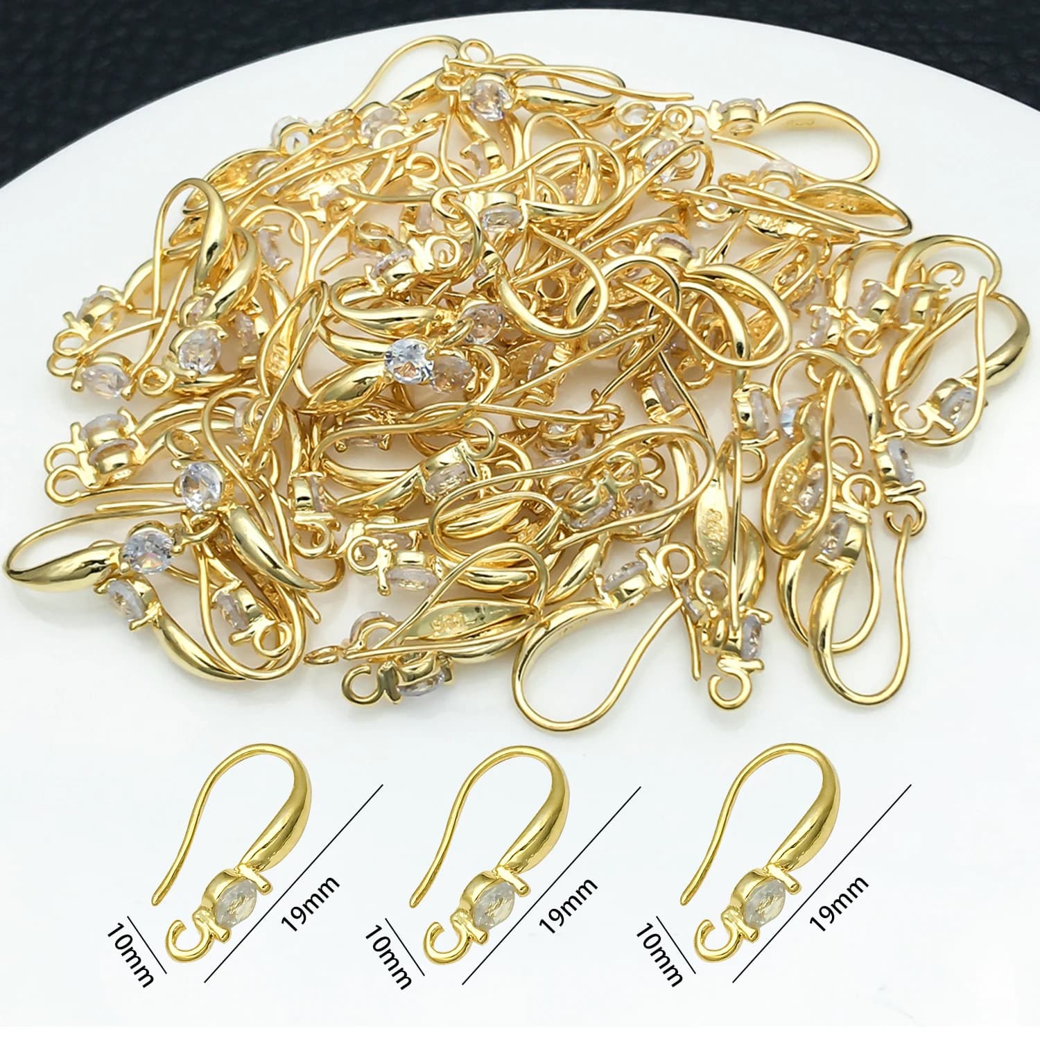 3 pz Ganci per Orecchini 10x19mm con Zirconi, in Ottone, Accessori Fai da Te per Creazione Gioielli, Componenti per Orecchini Fatti a Mano