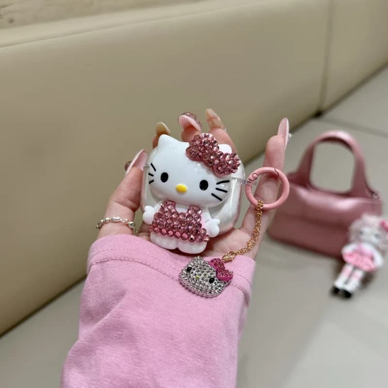 Nice Hello Kitty earphone case with diamonds for Airpods 1 2 3 4 Pro3, transparent protective case for wireless Bluetooth earphones with key rings
