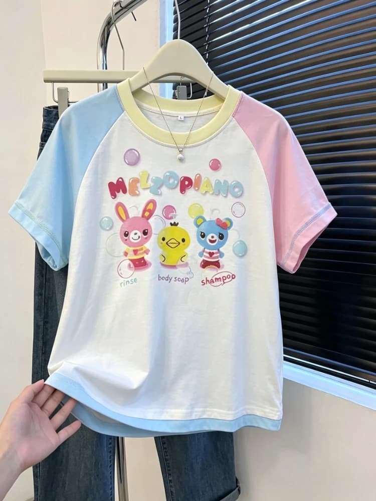Girls Y2K Vintage Japanese Kawaii Printed Crop Tops Mini Skirts Casual Holiday Subculture Bodycon Tees Outfits