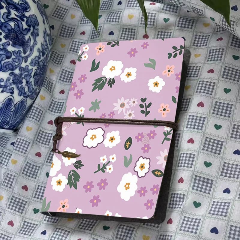Cute Pastel Purple Floral PU Leather Journal A6 White Flower Print Hardcover for Girls Students School Office Travel Gift