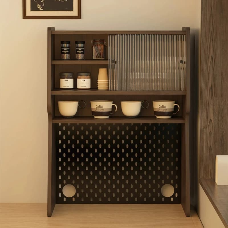 Walnut Coffee Maker Stand, Acrylic Sliding Door Cupboard, Multifunctional Corner Storage Rack, Durable Counter Pegboard Unit