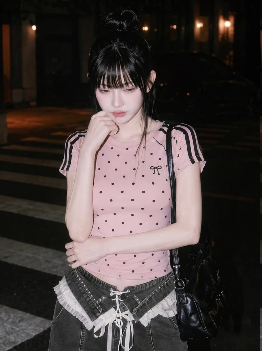 Korean Style Polka Dot Short Sleeve Slim Fit Women's T-Shirt Summer Sportswear Shoulder Width Regular round Neck Top