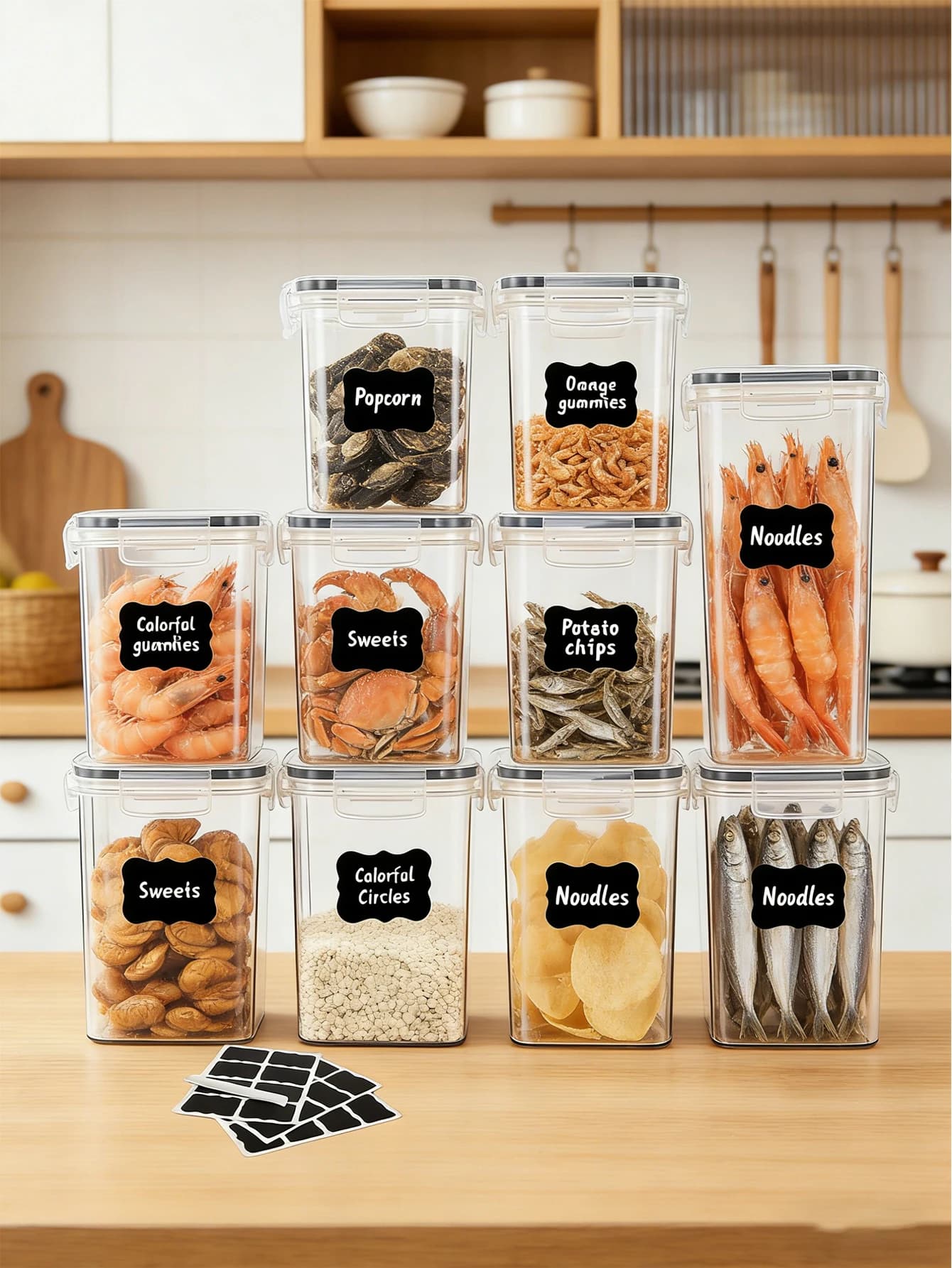 10PCS-Airtight food storage containers with LIDS and labels,plastic kitchen storage containers, dry cargo jars for flour, sugar and grains, pasta, tea, nuts and coffee beans, plastic food preservation jars, home kitchen serving items，local warehouse，