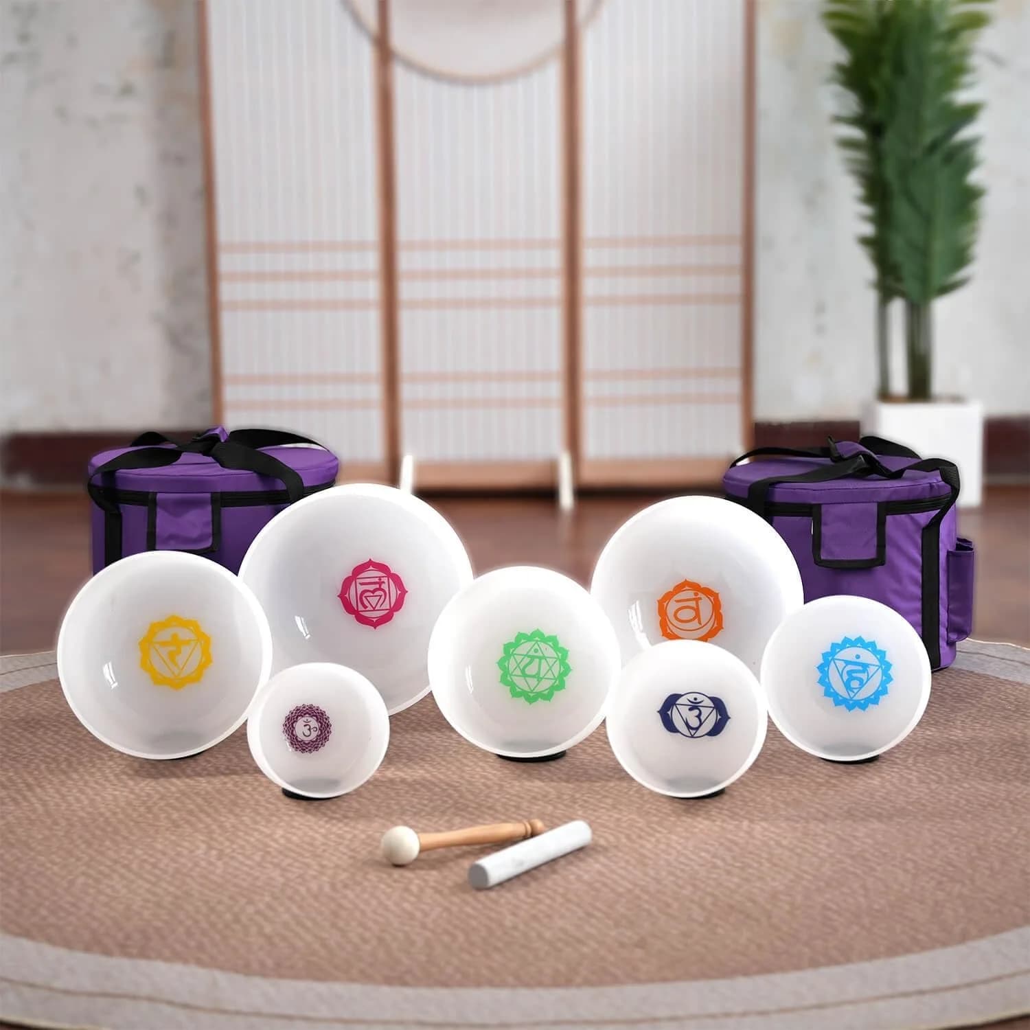 Crystal soul 432Hz 7-13 Inch totem print White Crystal Singing Bowls Set Painted Chakra Symbols with bag and accessories