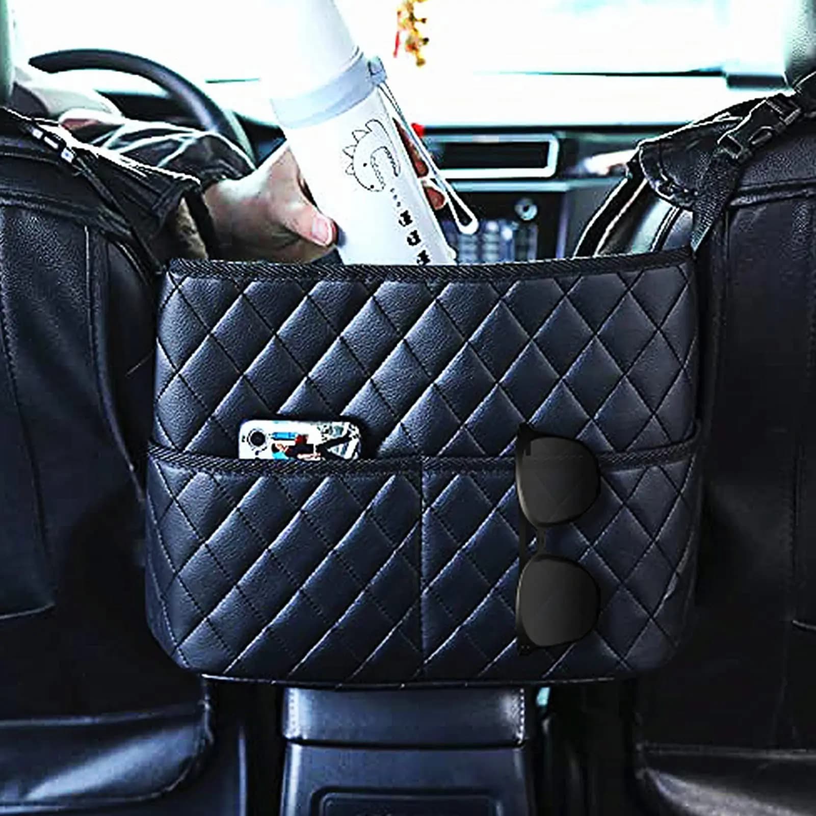 Organizer per il vano tra i sedili dell'auto, porta borsa in pelle trapuntata e appendiborsa tra i sedili