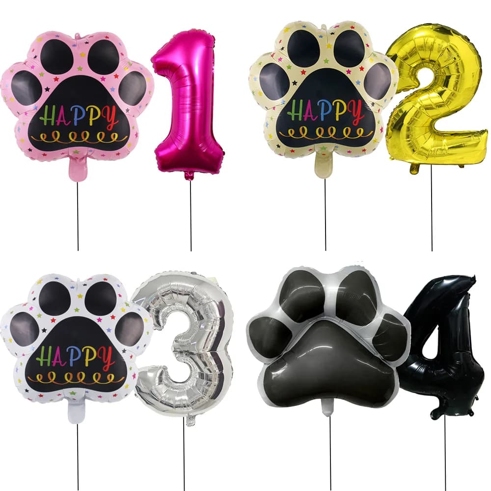 2pcs Puppy Animal Let's Pawty Dog Cat Paw Aluminum Balloon with 32i'' Number Balloon Baby Shower Boys Girls 1-9th Birthday Party