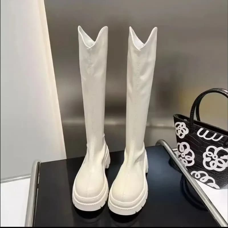 Women's Knee Boots With Back Hinge Slimming Knight Boots With V mouth White Black Velvet Round Toe Heel Medium Rubber Sole Women's Shoes