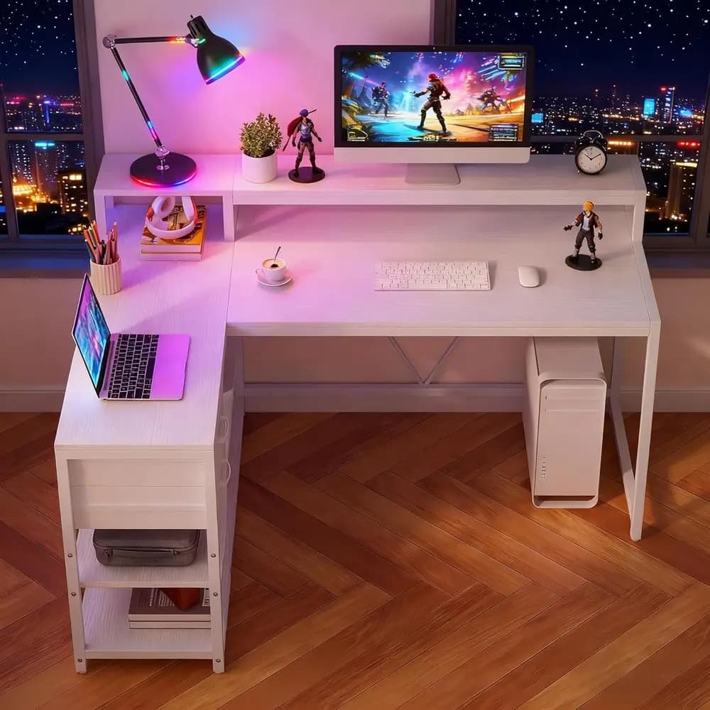 Scrivania a L bianca da 55 pollici con cassetti e spazio contenitore, ideale per ufficio domestico, gaming e studio in piccoli spazi
