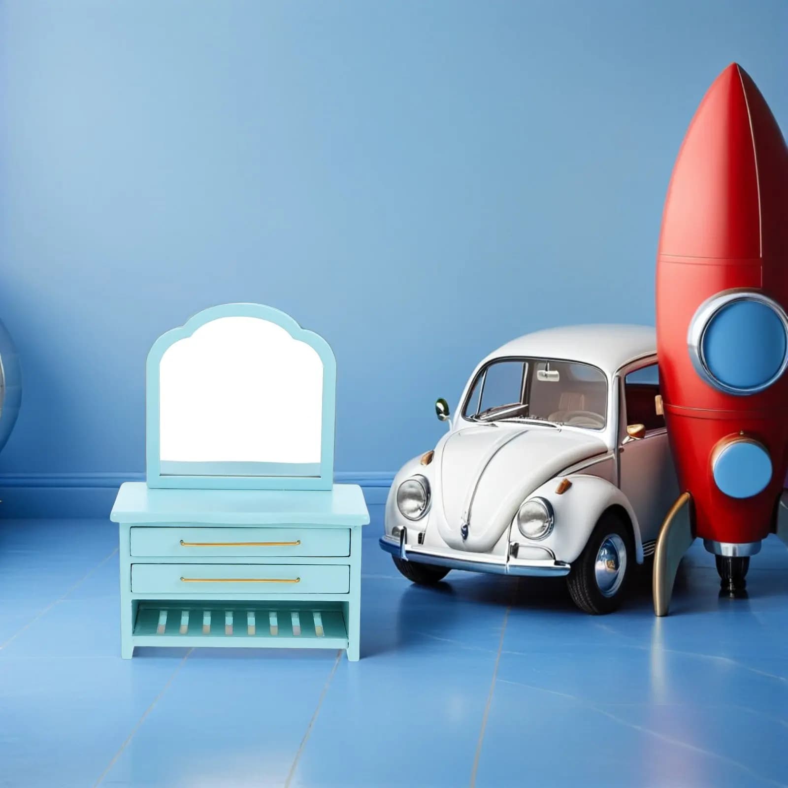Mobiletto da Bagno in Miniatura Blu, Tavolo da Toilette in Legno con Specchio, Mini Accessori per Bagno, Arredamento per Casa delle Bambole