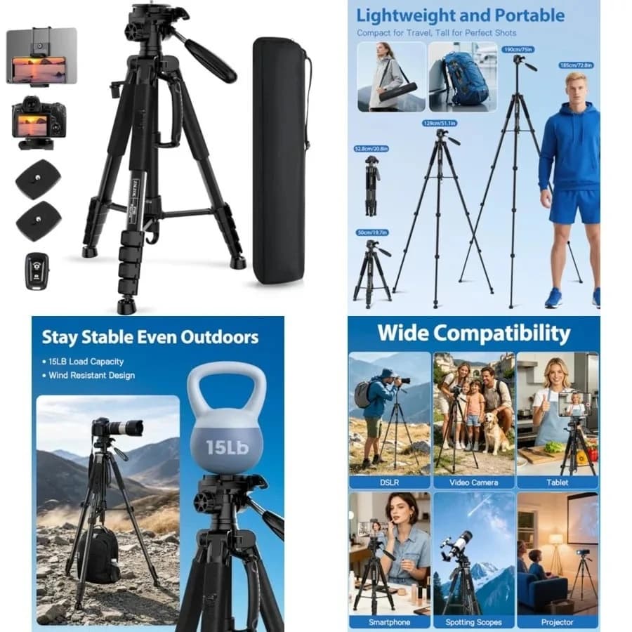 Treppiede per Fotocamera da 75 Pollici, Supporto per Fotocamera in Alluminio Resistente per iPad e Telefono, Treppiede da Viaggio con Borsa per il Trasporto e Supporto per Telefono/Tablet, Compatibile con Canon Nikon Sony DSLR, Cannocchiali, Carico Massimo 15 Libbre (Nero)