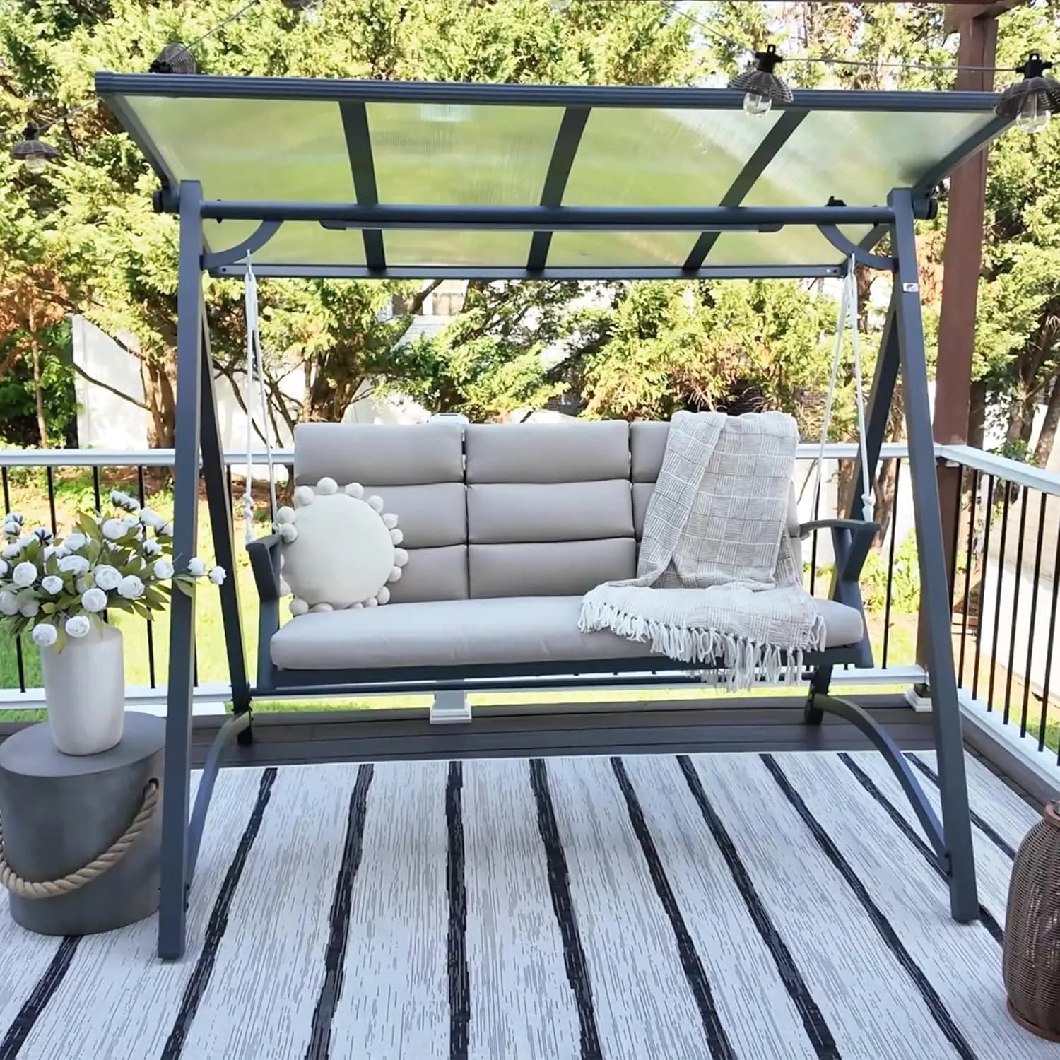 3 Post Garden Pendant with PVC Canopy, LED Solar Lights and Bearings, Customizable