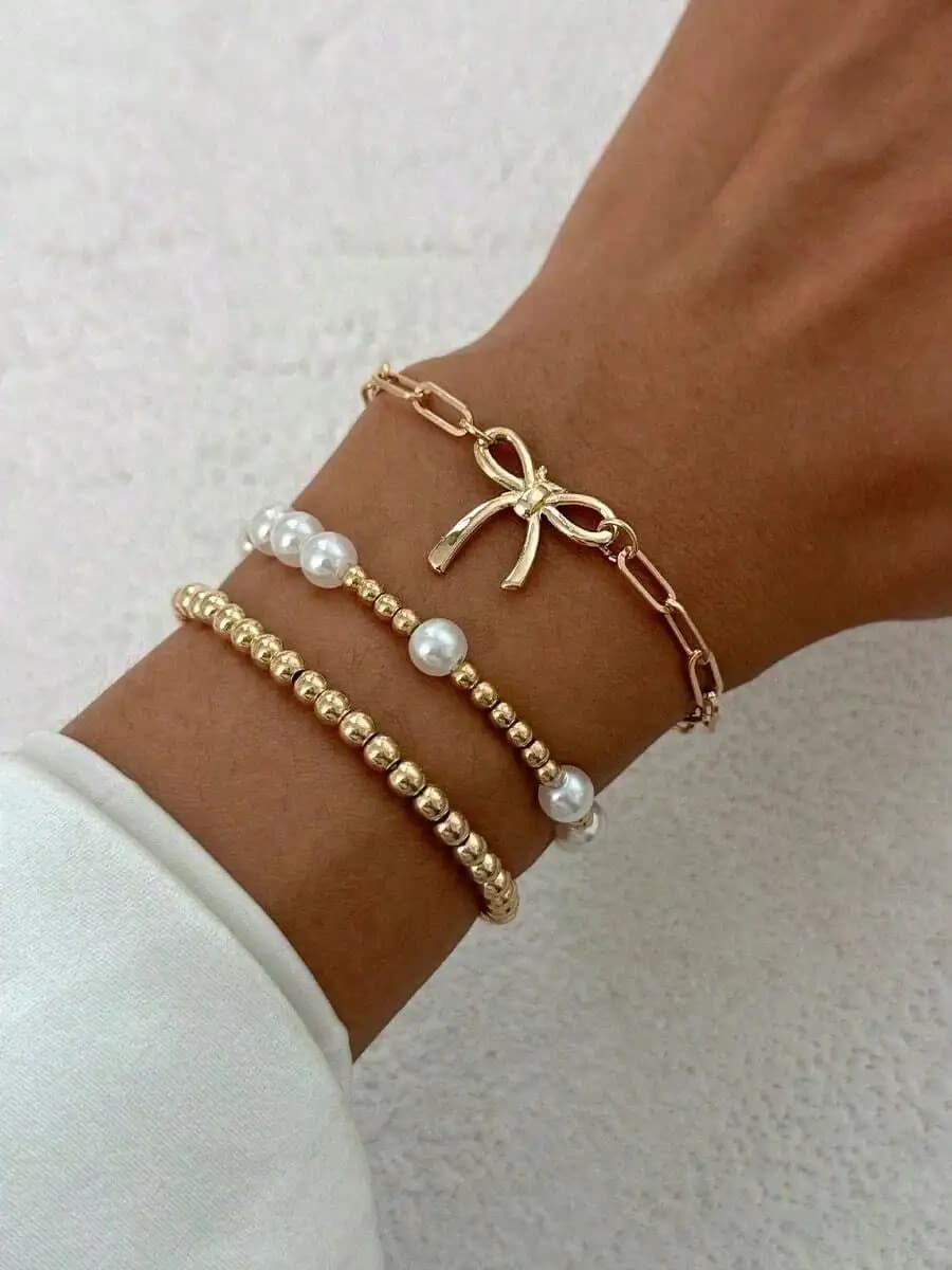 3pcs Fashion Chic Ribbon Bow Bracelets, Elegant Pearl Heart & Star Multilayer Bracelet Set, Suitable For All Occasions, Perfect