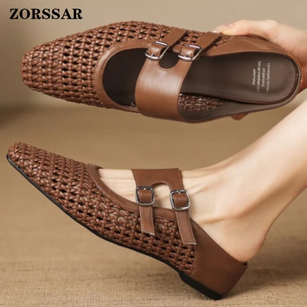 Mules da donna con punta quadrata, sandali in pelle intrecciati traforati, ciabatte basse senza schienale con doppia fibbia, scarpe estive traspiranti