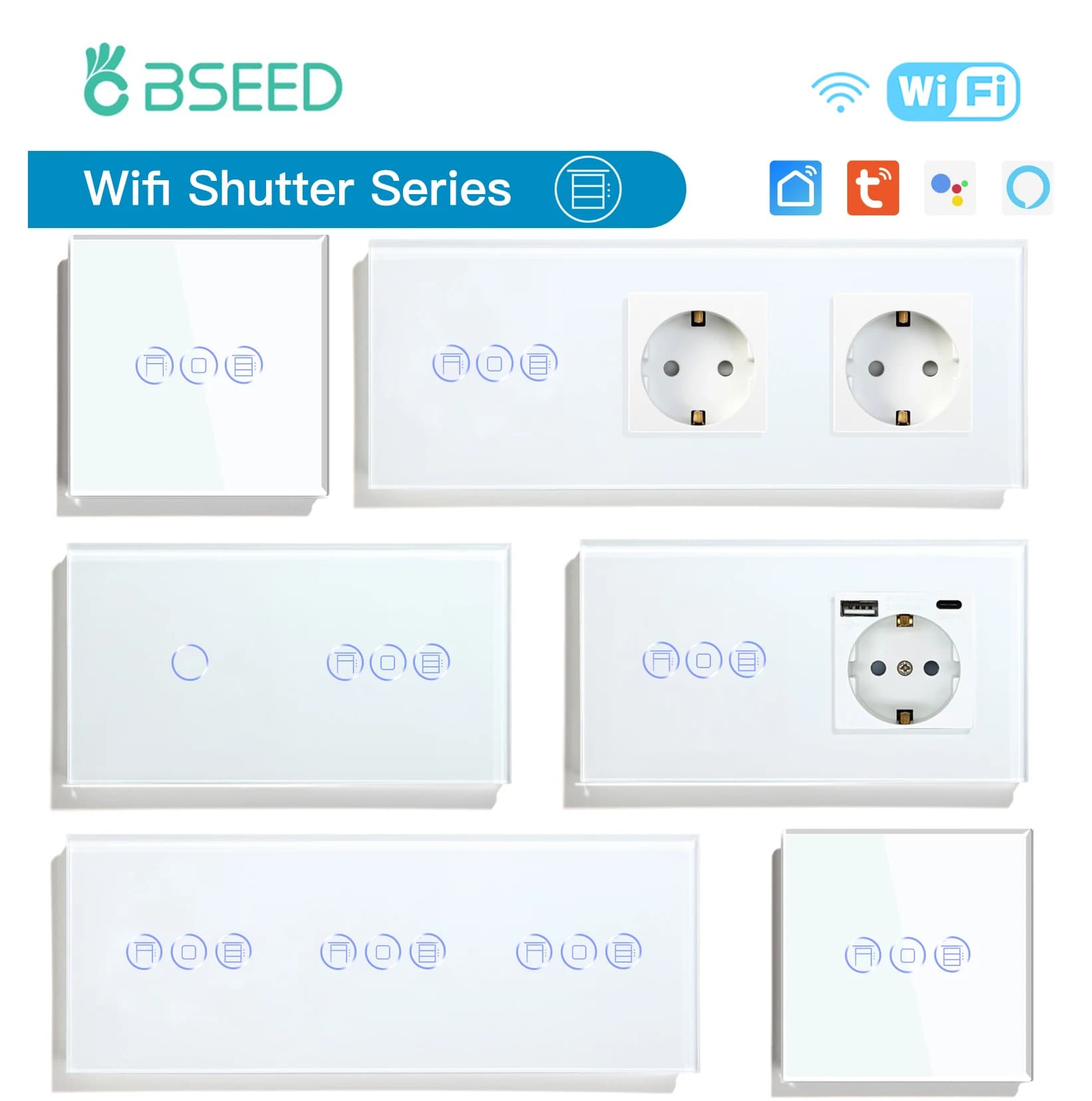 Interruttori per otturatore Wifi BSEED Controllo APP Led Smart Blind Series Pannello in vetro bianco Supporto Tuya Google Smart Life Otturatore a rullo