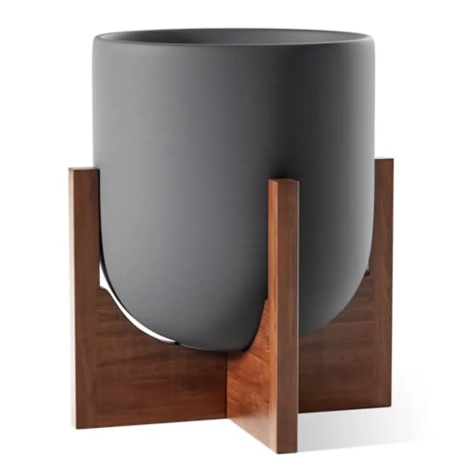 Supporto in legno di acacia per piante da interno con vaso cilindrico in ceramica grigio carbone, include foro di drenaggio e tappo.