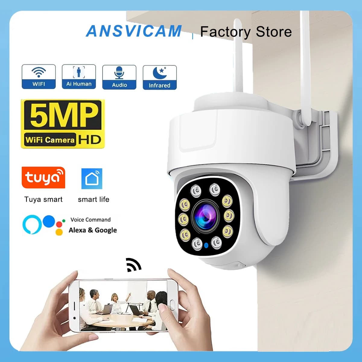 Telecamera PTZ WiFi ANSVICAM Tuya 5MP per Esterni con Zoom 10X, Visione Notturna a Colori, Audio Bidirezionale e Rilevamento del Movimento