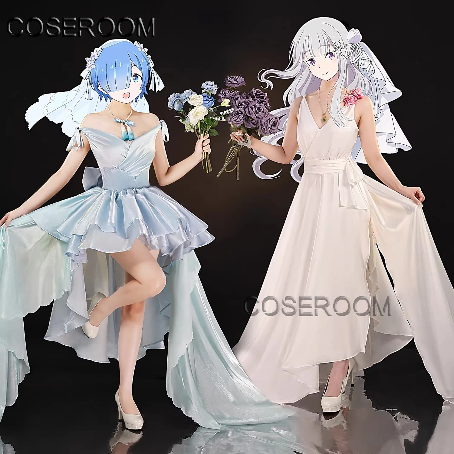 Costume Cosplay di Rem ed Emilia da Re:Zero Kara Hajimeru Isekai Seikatsu, Abito per Comic Con, Festa di Halloween, Accessorio Anime