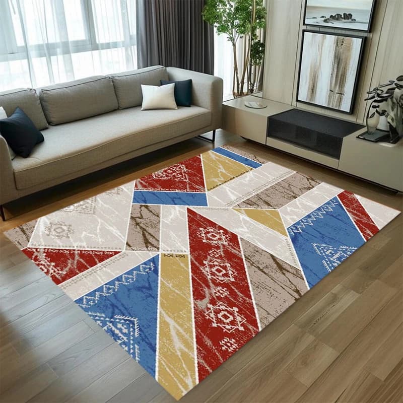 Colorful Geometric Patchwork Non-Slip Area Rug, Tribal Style Carpet for Modern and Boho Living Rooms