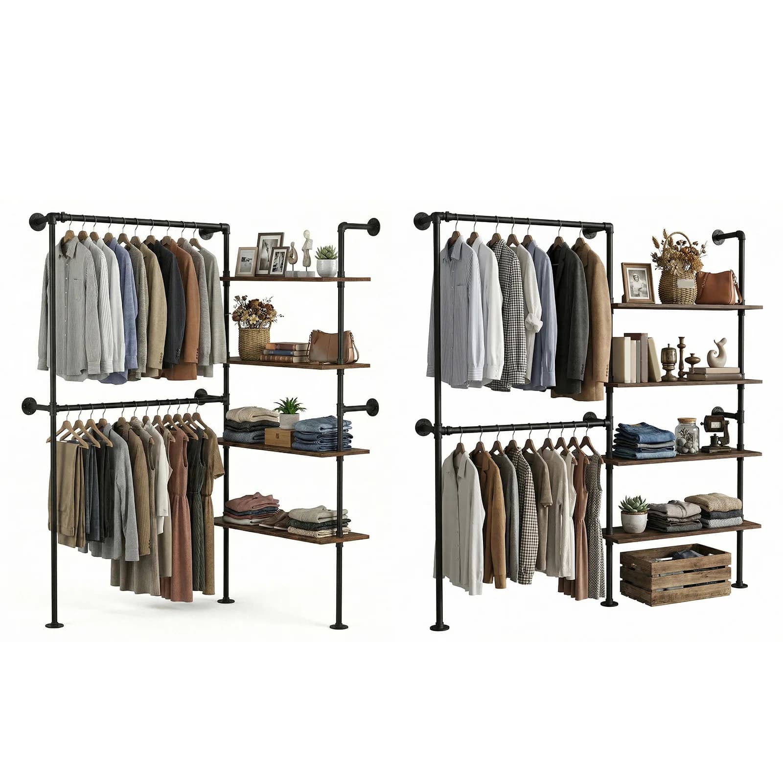 Heavy Duty Clothes Organizer with Double Hanging Rods Industrial Pipes Clothes Racks Closet Storage System Closet Storage System
