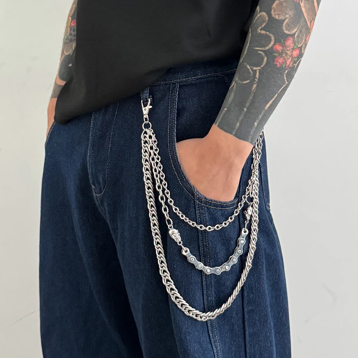 Salircon Punk 2 Stili Multistrato Colore Argento Catena in vita Cintura Pantaloni Catena Uomo Goth Teschio in metallo Jeans Catena Gioielli Hip Hop