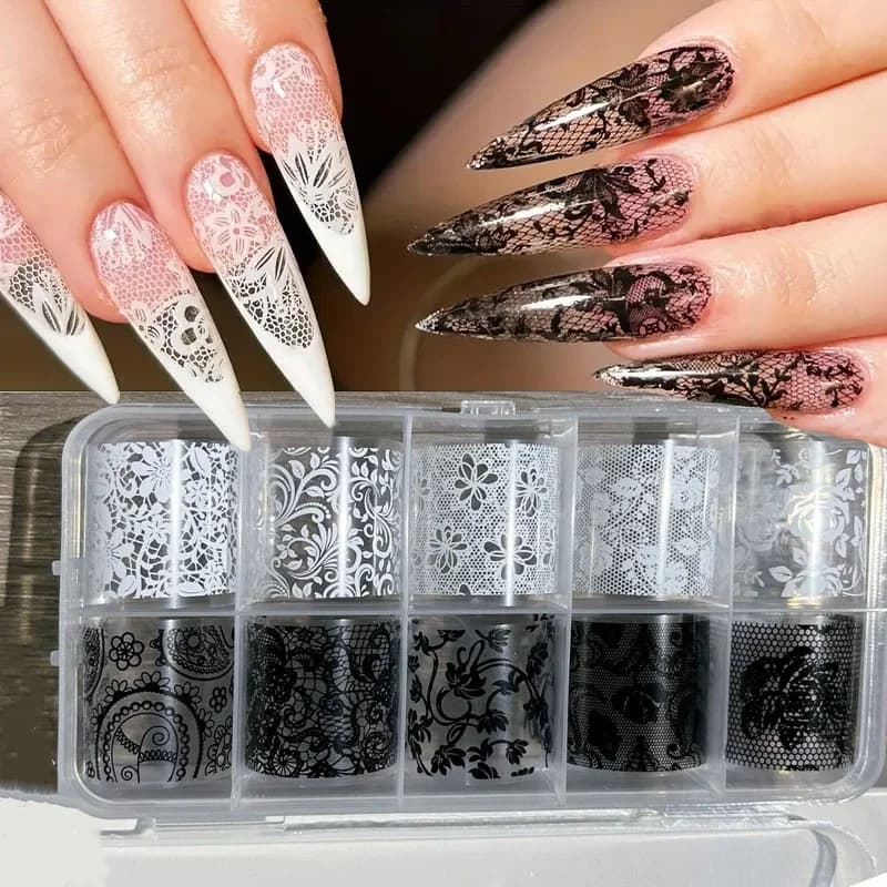 10 rotoli di carta per trasferimento di nail art in pizzo bianco nero Y2K modello di pizzo floreale accessori per manicure stile sexy # 4*50 cm 2,5*50 cm #