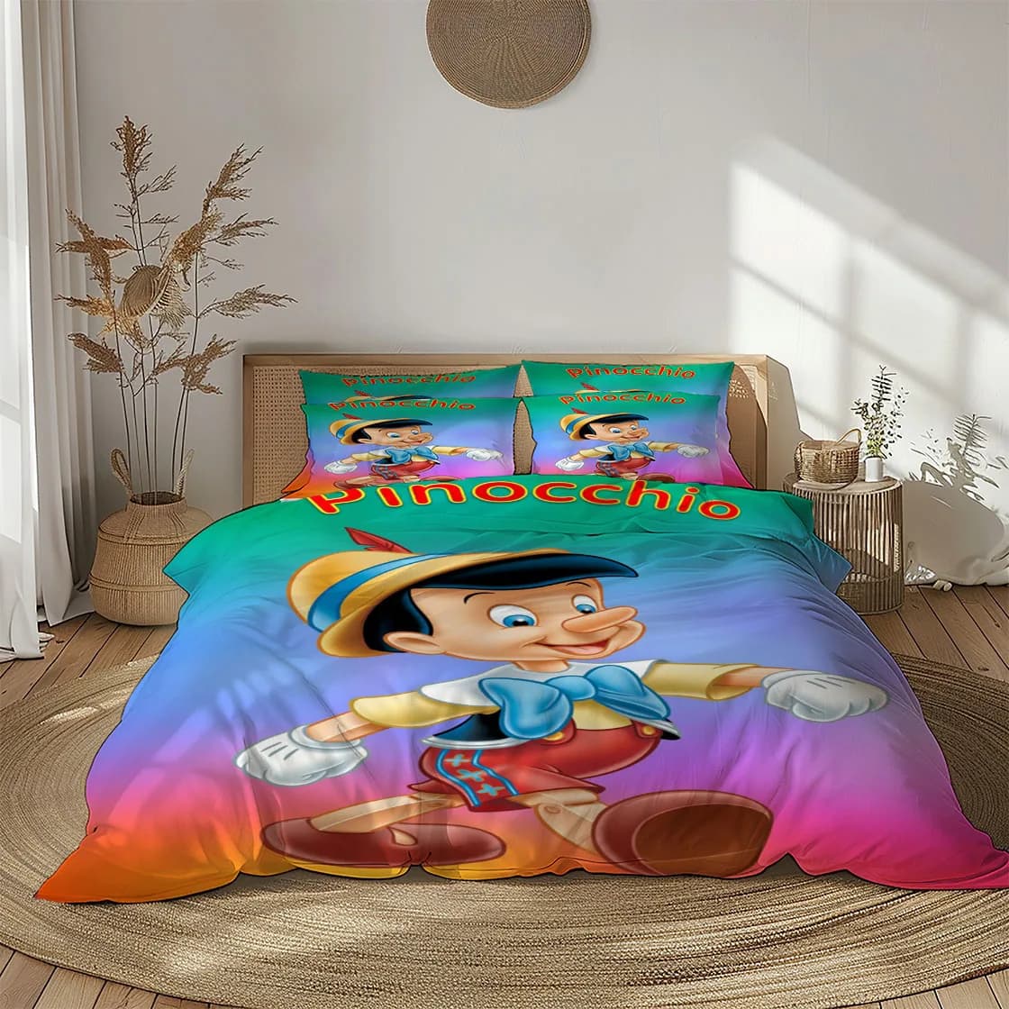 Set di Biancheria da Letto per Bambini Pinocchio, Disponibile in Misure King, Queen, Matrimoniale, Singola e Twin