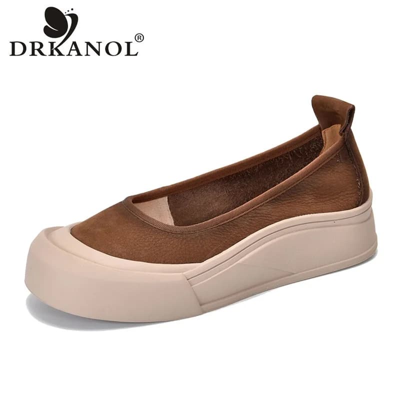 DRKANOL Women Flat Platform Shoes Shallow Slip On Loafers Shallow Genuine Leather Soft Comfort Retro Style Casual Single Shoes