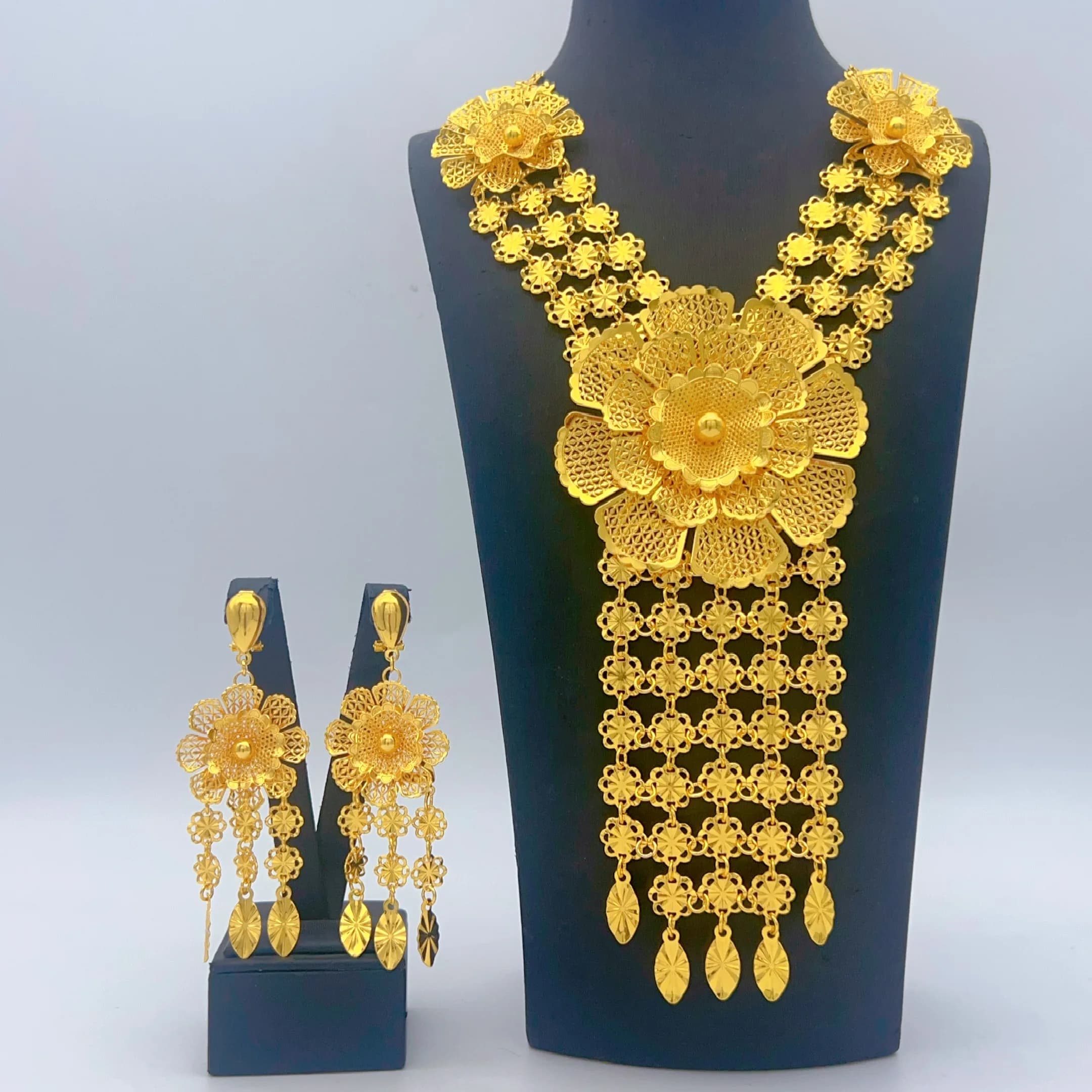 Set di Collana Lunga e Orecchini di Lusso Indiani Placcati in Oro 24k per Spose, Gioielli Etiope di Dubai, Regali per Banchetti