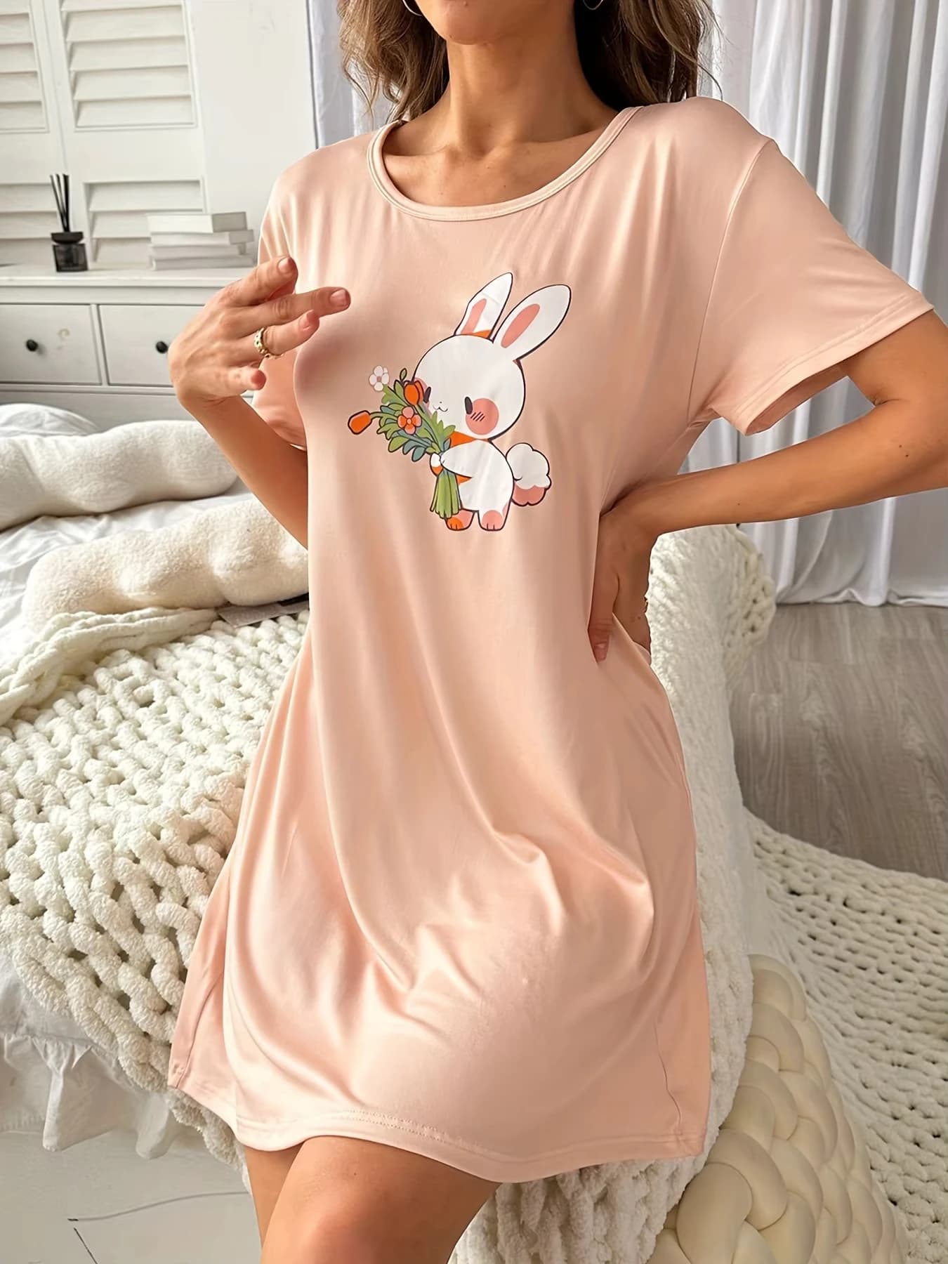 Plus Size Women's Casual Rabbit holding Flowers Graphic T-Shirt Dress Loose Fit Round Neck Short Sleeve Summer Streetwear Dress