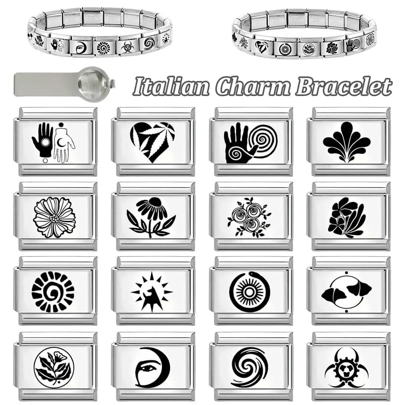 Ciondoli a forma di girasole e luna con incisione laser, adatti per bracciali da donna in acciaio inossidabile da 9 mm, per la creazione di gioielli fai da te, ideali come regalo.