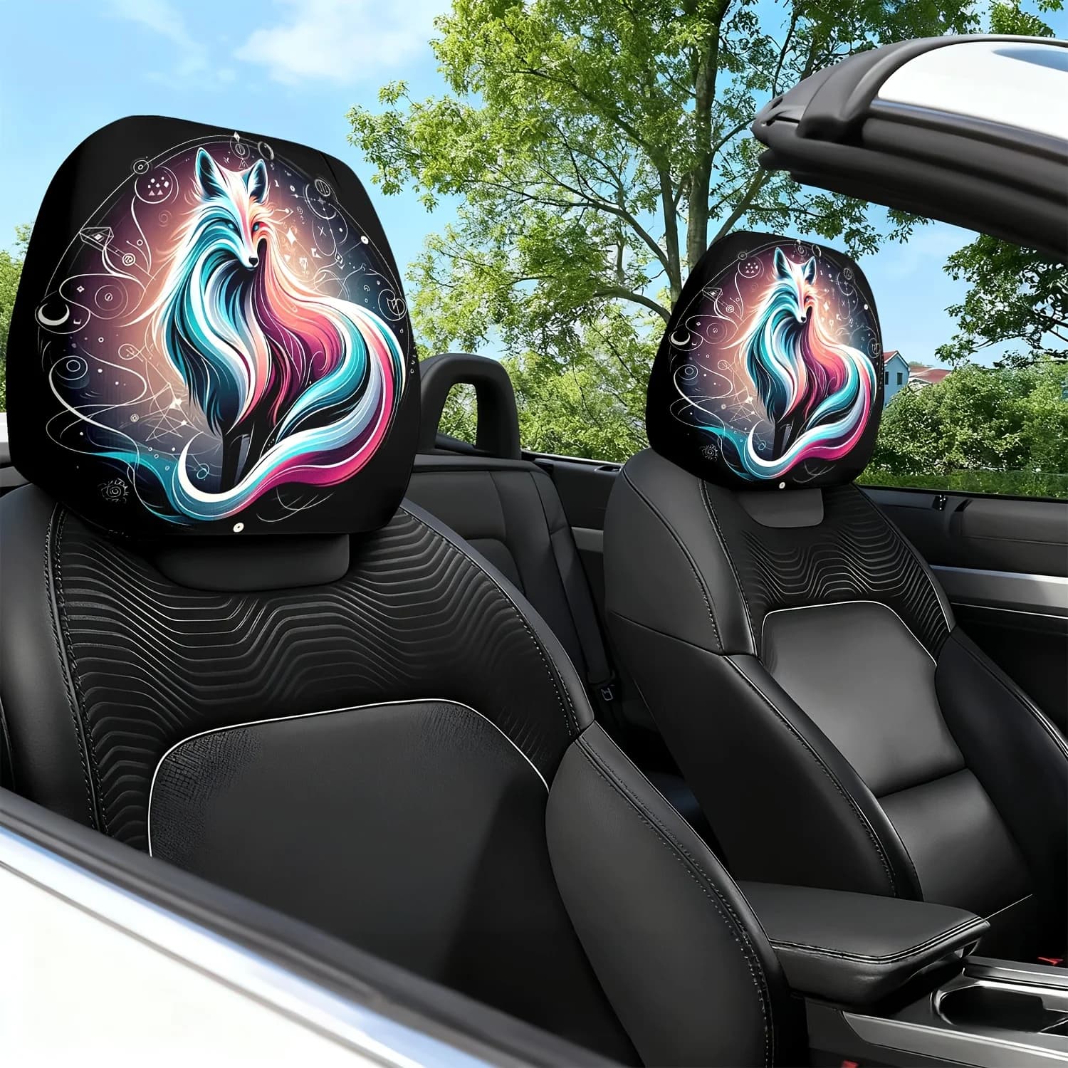2 Pezzi Copri Poggiatesta Auto con Stampa Tema Volpe Misteriosa - Cuscino Poggiatesta per Sedile Auto - Design Carino - Accessori Interni Auto