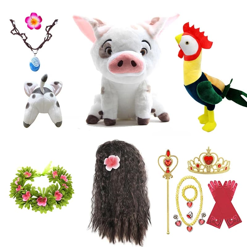Parrucca e collana Gilrs Moana Set di vestiti con clip a fiori Accessori per costumi di Halloween Vaiana Moana Pet Pig e gallo Regalo di Natale
