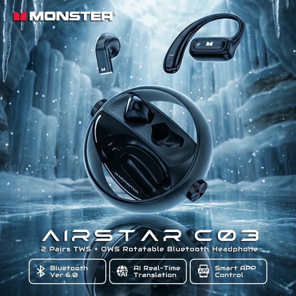 Cuffie Bluetooth 6.0 Monster Airstar C03, 2 Paia di Auricolari Wireless OWS+TWS con Traduzione AI in Tempo Reale e App Intelligente
