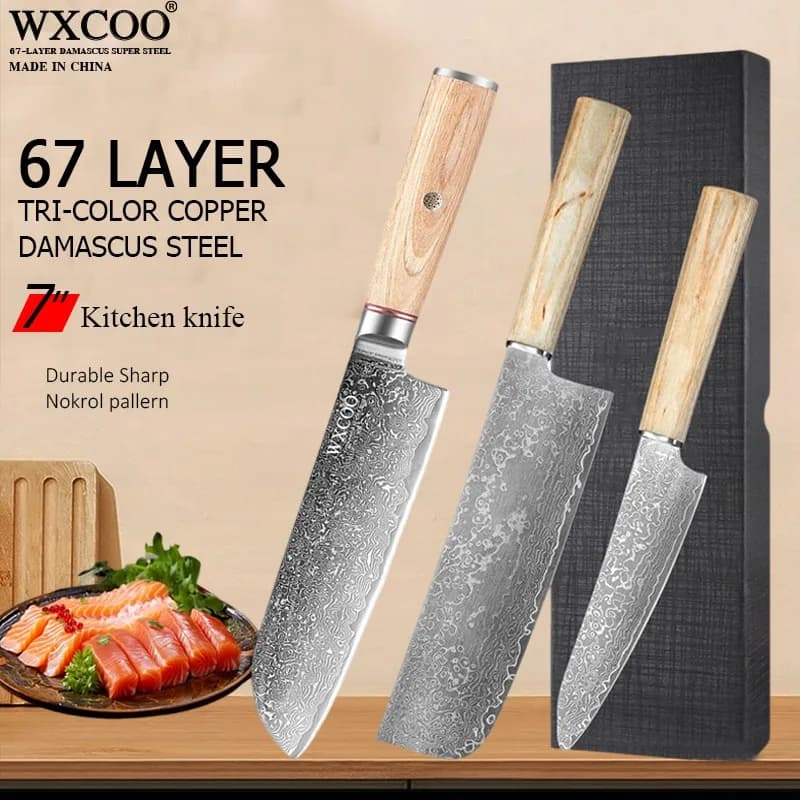 WXCOO 1-3PCS Set di coltelli da cucina Damasco VG10 Acciaio Chef giapponese Santoku Coltello per affettare la frutta Manico in legno per utensili da cucina